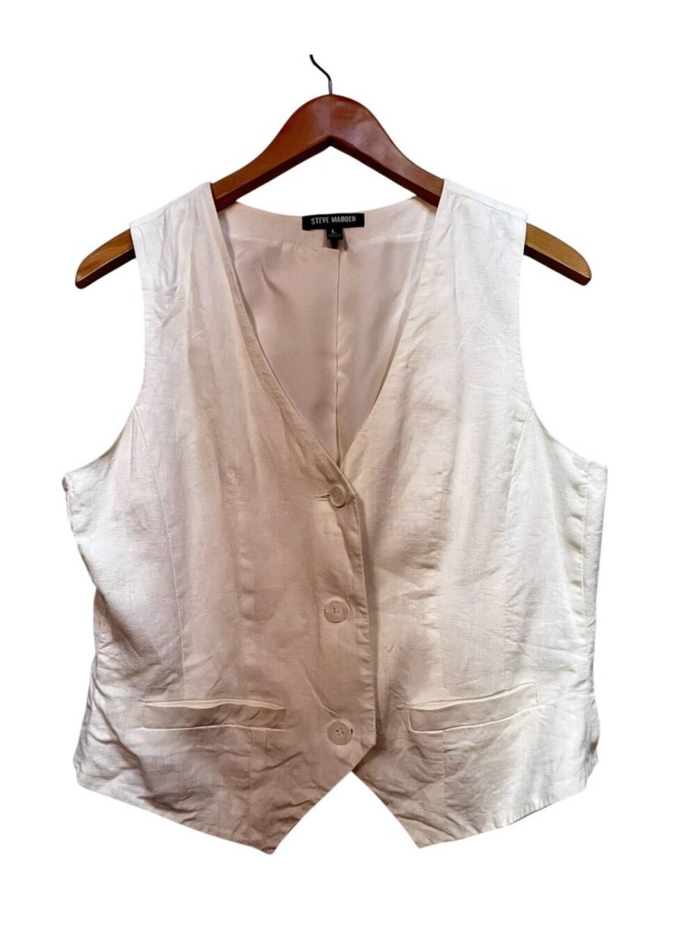 Steve Madden Womens Selene Linen Blend Vest Large Cream Button Front V-Neck